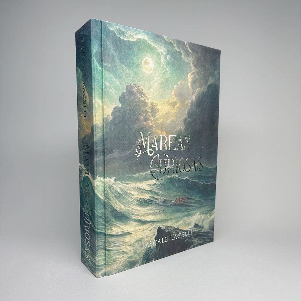 Portada personalizada de Mareas curiosas, con ilustración de un mar embravecido bajo una luna brillante