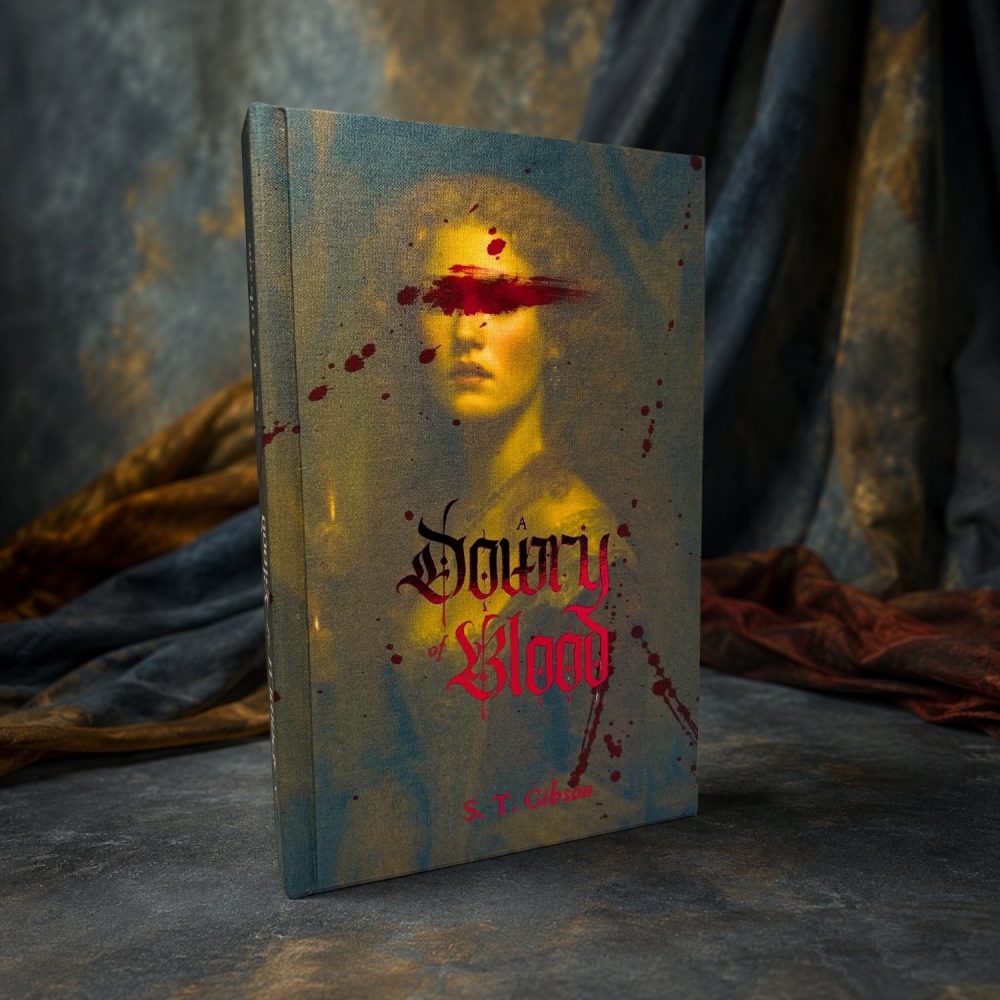 Cubierta de A Dowry of Blood edición especial, con el retrato dorado y el tajo de sangre