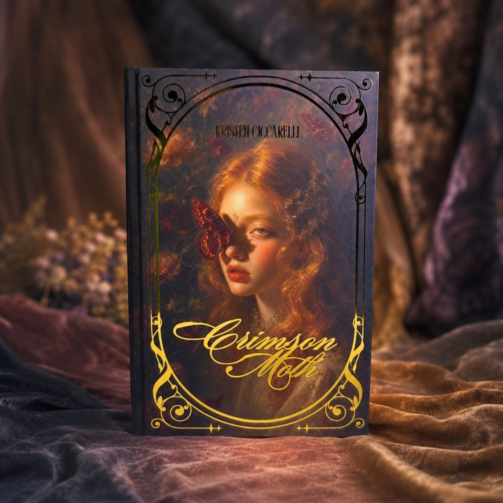 Cubierta de Crimson Moth edición especial, con el retrato de la protagonista y la polilla carmesí