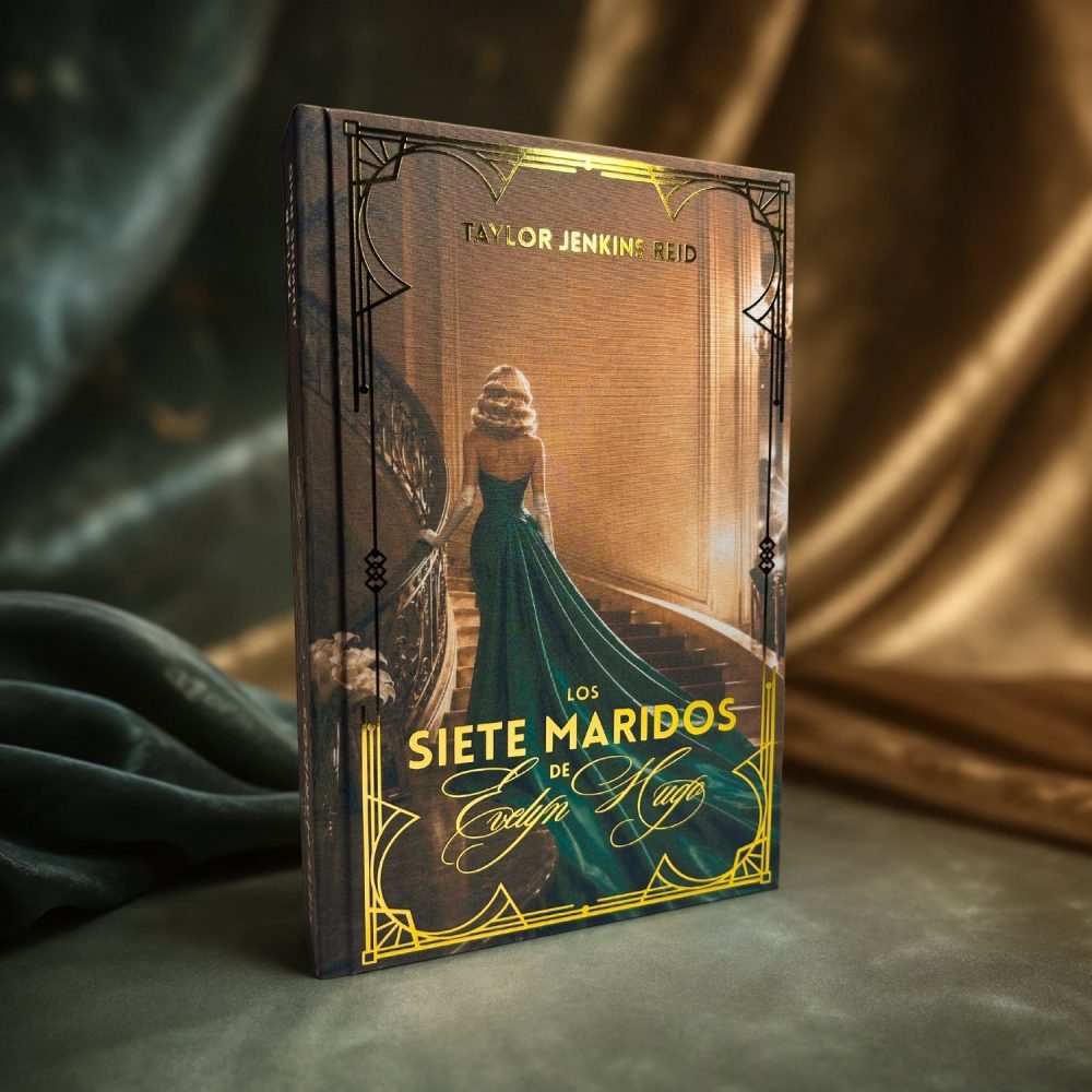 Cubierta de Los siete maridos de Evelyn Hugo edición especial, con el vestido esmeralda en la escalinata