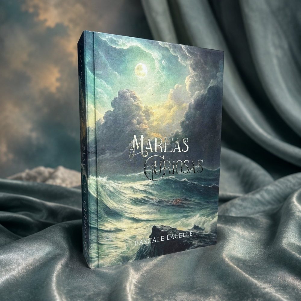 Cubierta de Mareas Curiosas edición especial, con el mar bajo la luna y el título en plateado
