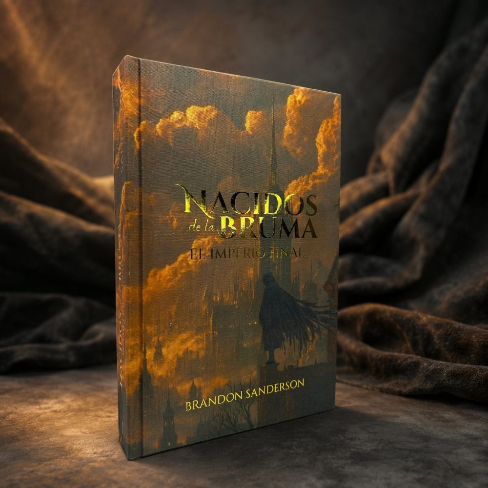 Cubierta de Nacidos de la Bruma El Imperio Final edición especial, con Luthadel bajo las nubes de ceniza
