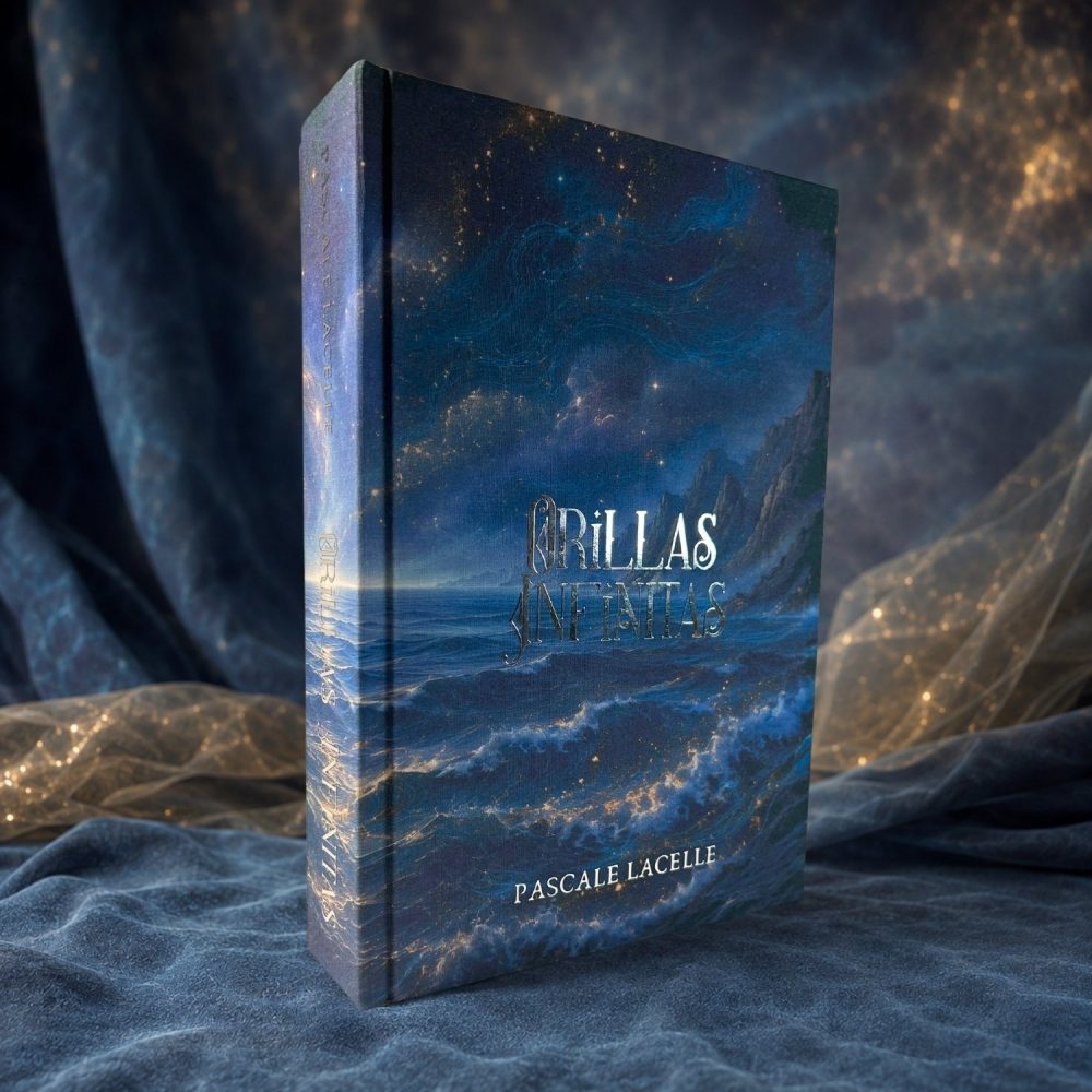 Cubierta de Orillas Infinitas edición especial, con el mar estrellado y el título en plateado