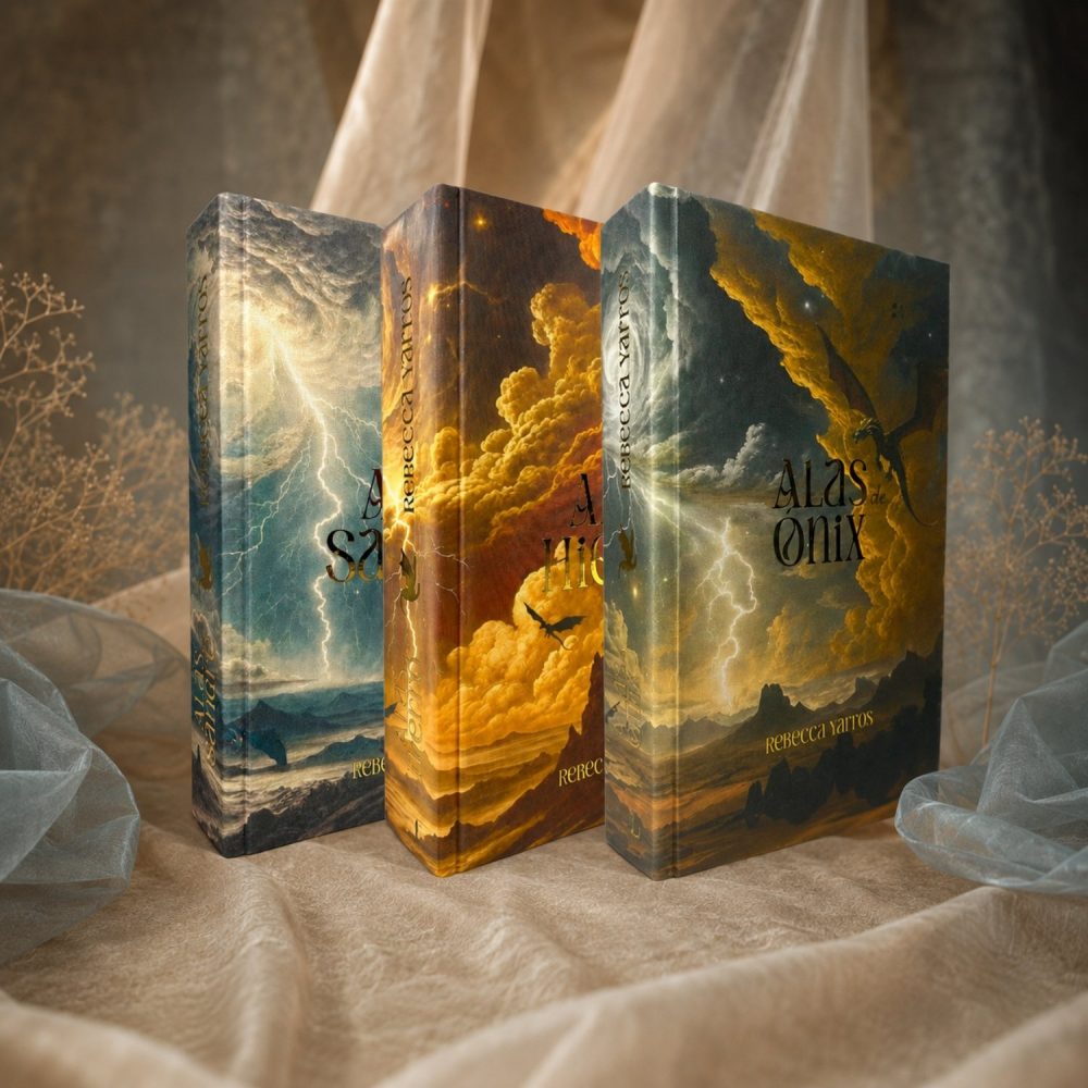 Los tres tomos de la saga Empíreo en edición especial, con las cubiertas pictóricas de cielos y dragones alineados